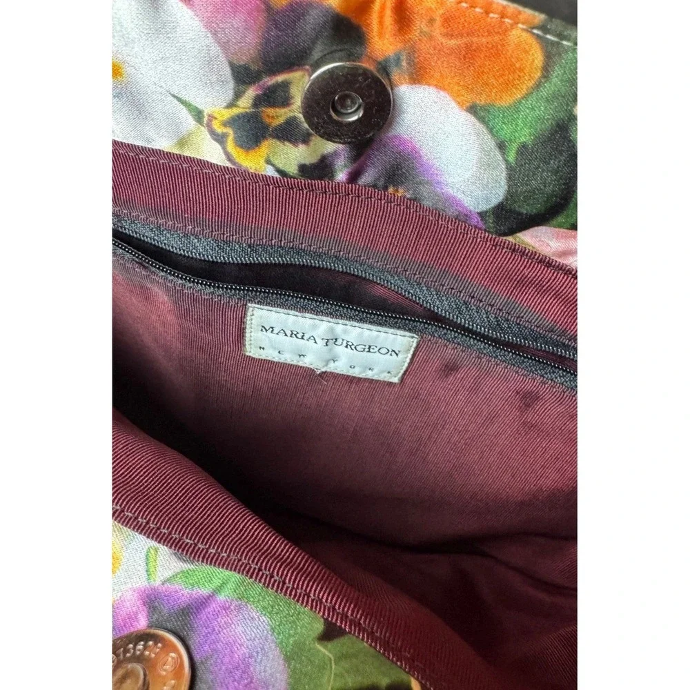 Maria Turgeon Floral Pansy Print Satin Tote Bag Multicolor Handbag Vintage Style